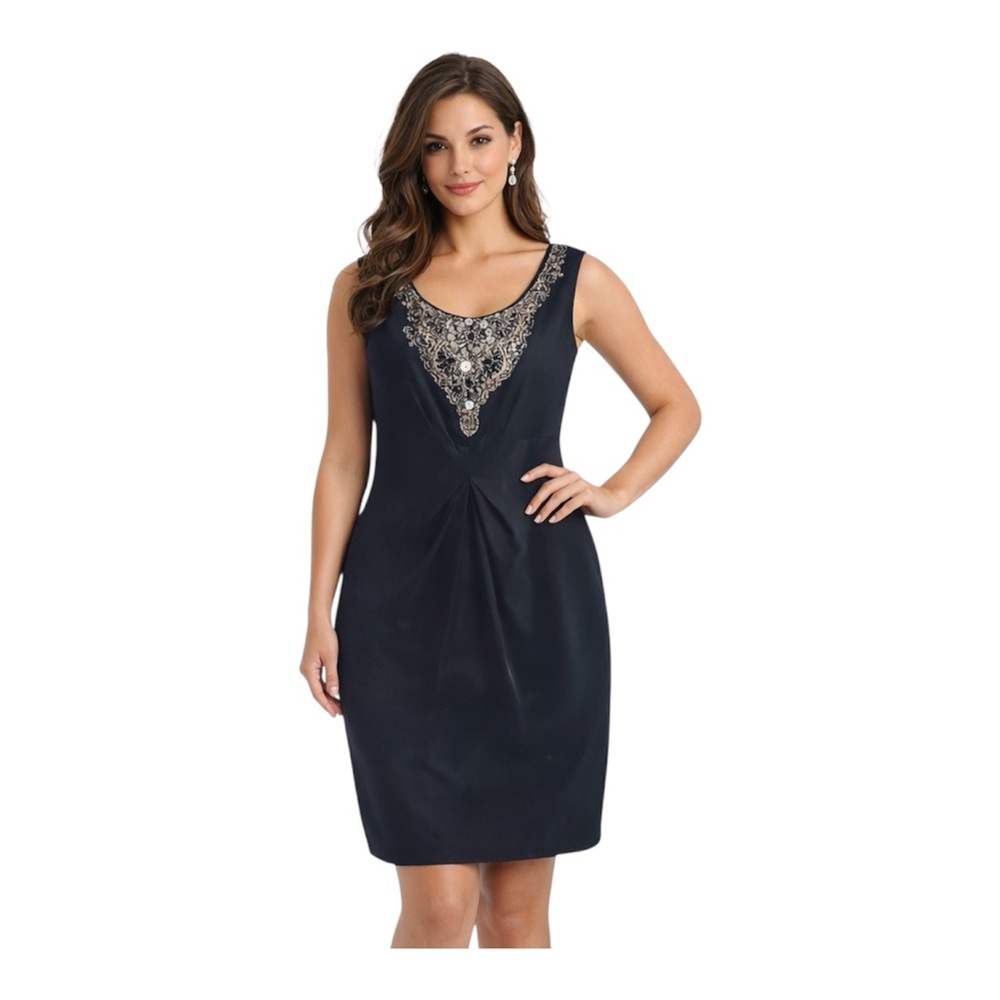 Lafayette 148 New York Women's Dress Black Hand Embellished Neck Size 14 formal